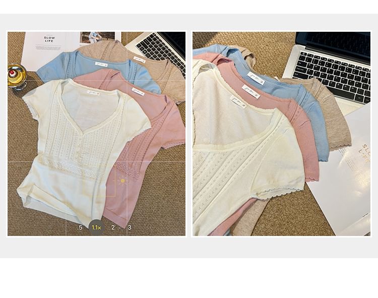 V-Neck Short Sleeve Perforated Slim Crop Knit Top