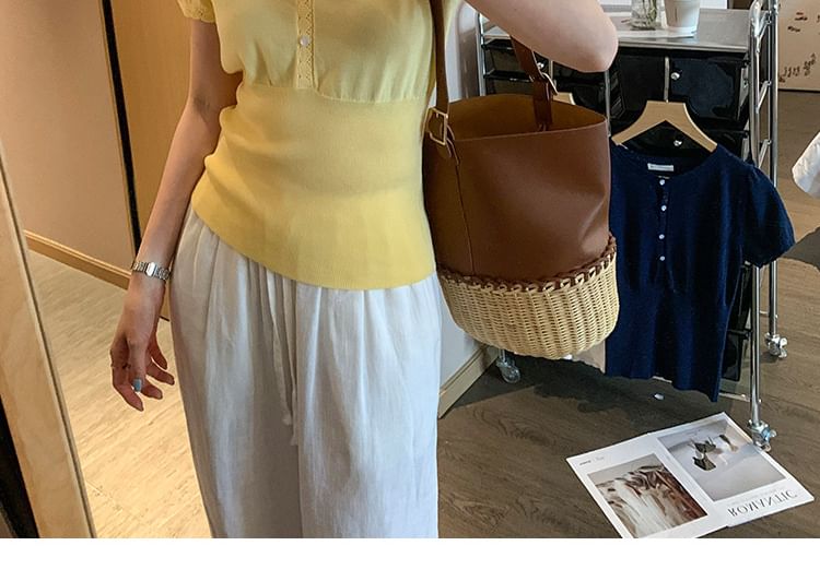 Crew Neck Half-Button Short Sleeve Slim Knit Top