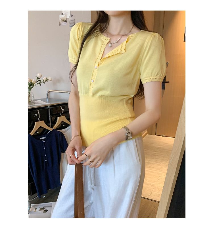 Crew Neck Half-Button Short Sleeve Slim Knit Top
