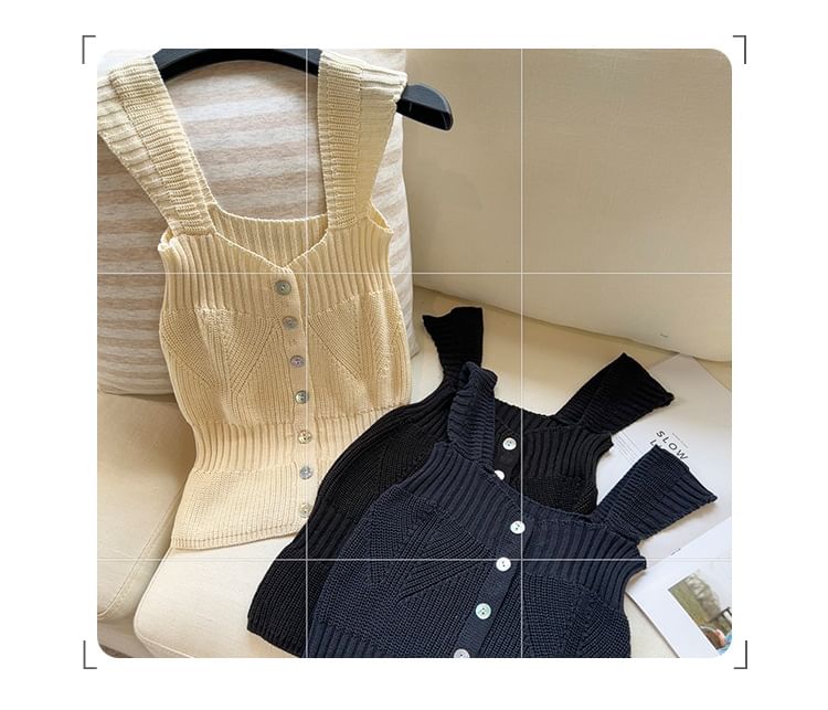 Square Neck Button-Up Knit Crop Tank Top