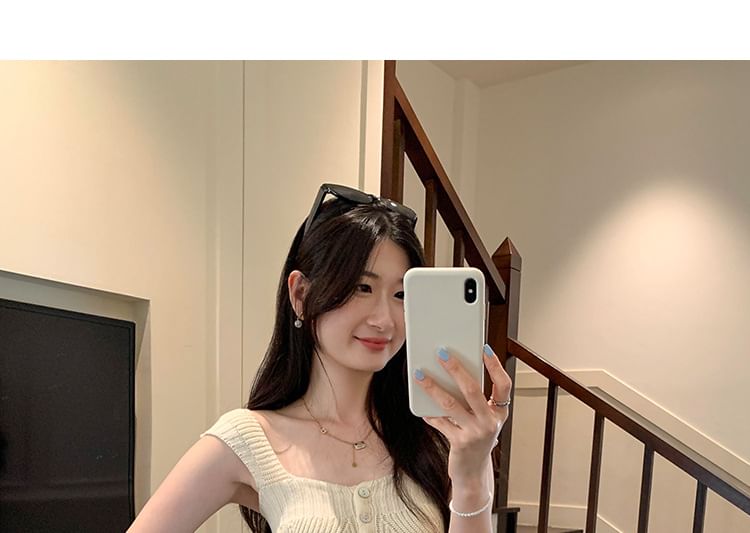 Square Neck Button-Up Knit Crop Tank Top