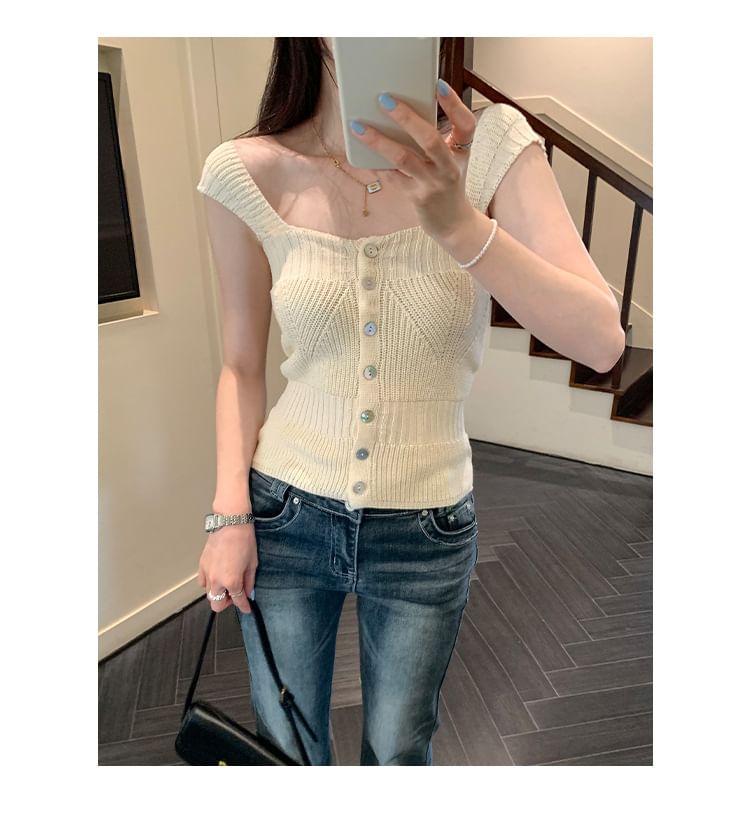 Square Neck Button-Up Knit Crop Tank Top