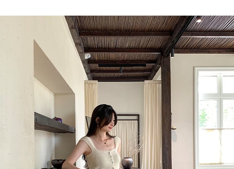 Square Neck Button-Up Knit Crop Tank Top