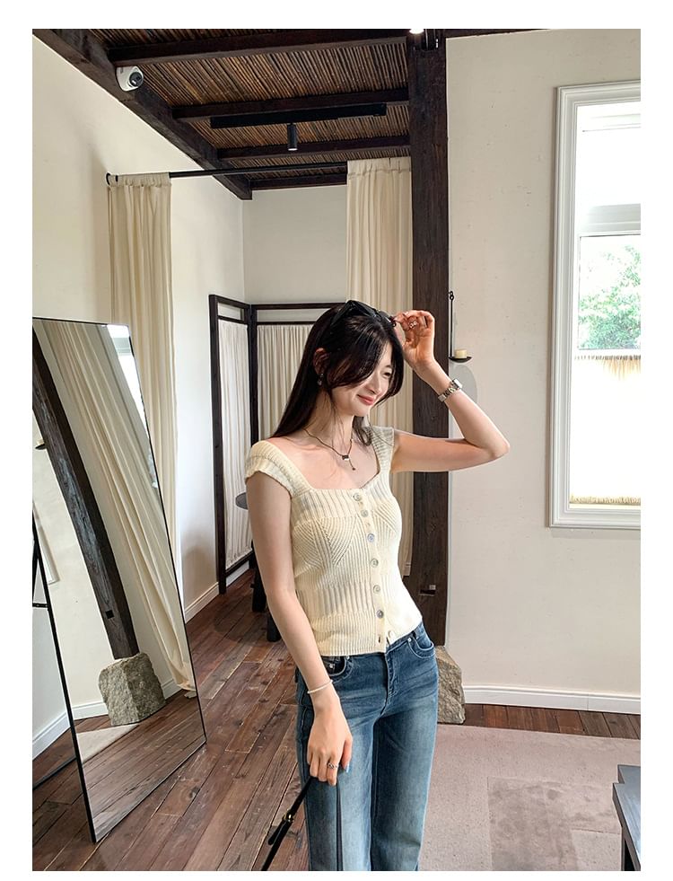 Square Neck Button-Up Knit Crop Tank Top