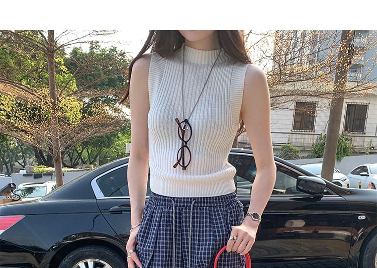 Mock Neck Plain Knit Crop Tank