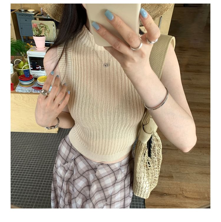 Mock Neck Plain Knit Crop Tank