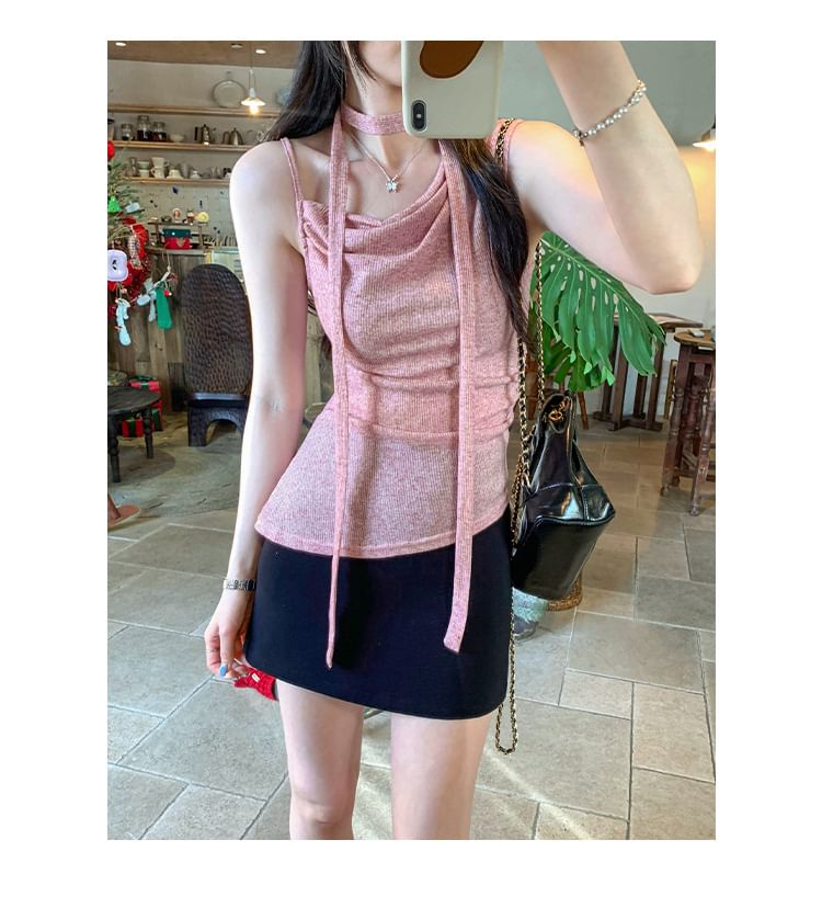 Melange Asymmetrical Ruched Camisole Set with Scarf