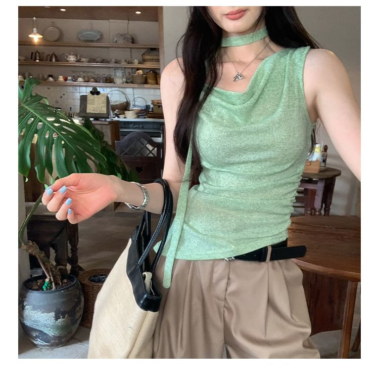 Melange Asymmetrical Ruched Camisole Set with Scarf
