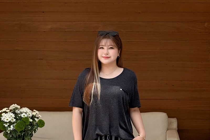 Elbow Sleeve Scoop Neck Melange Sheer Knit Top