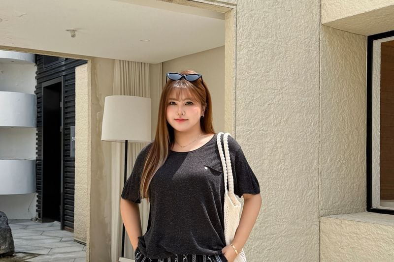 Elbow Sleeve Scoop Neck Melange Sheer Knit Top