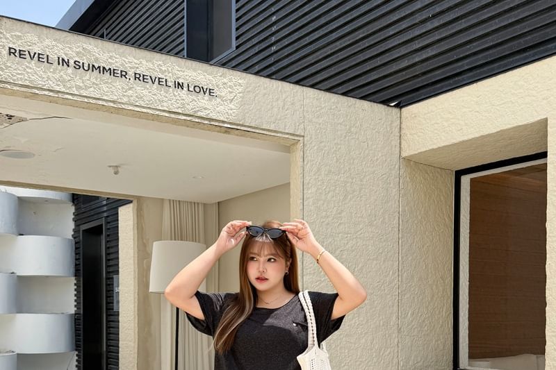 Elbow Sleeve Scoop Neck Melange Sheer Knit Top