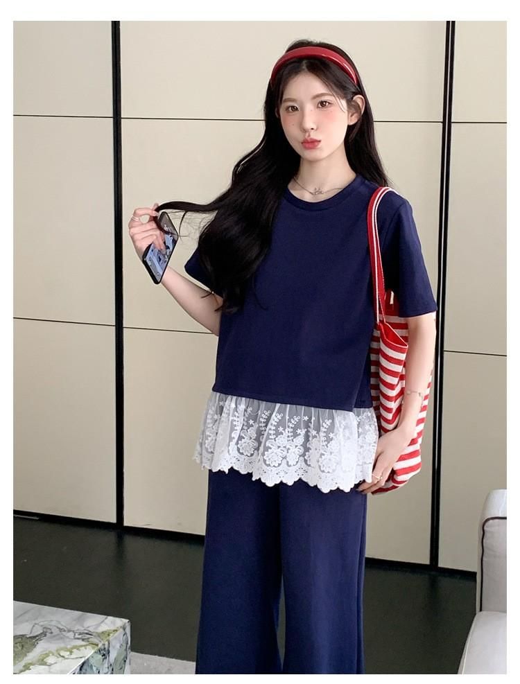Maternity Lace Hem Top and Flared Pants Set