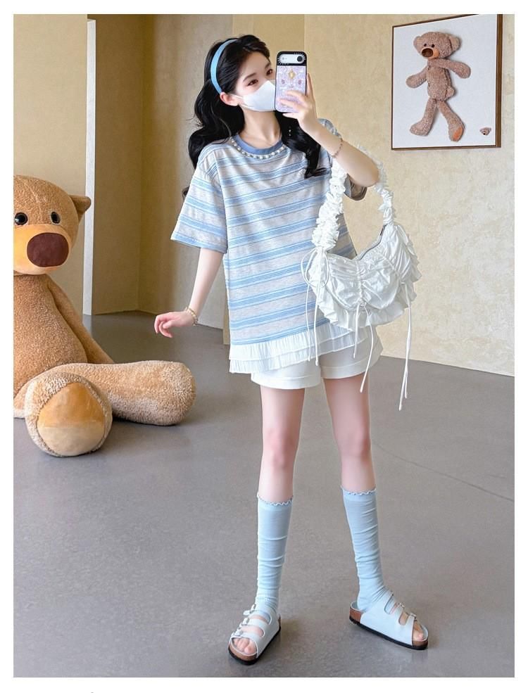Maternity Striped Short-Sleeve Tee and Shorts Set