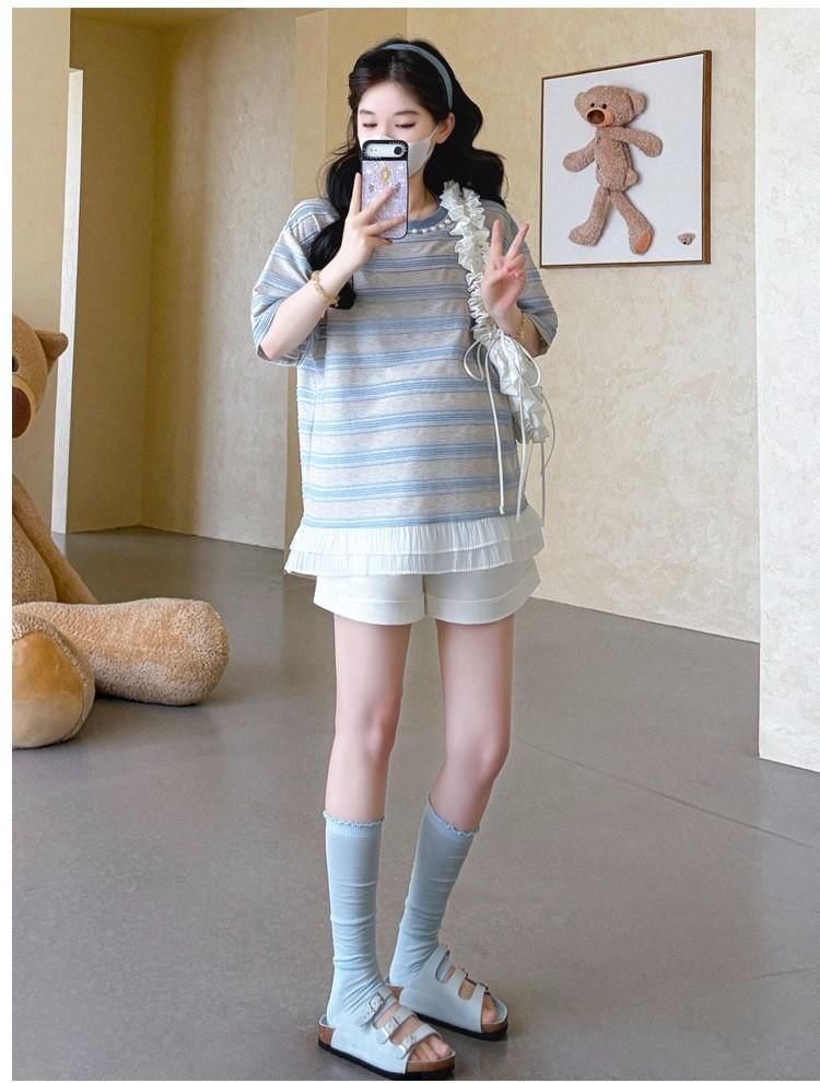 Maternity Striped Short-Sleeve Tee and Shorts Set