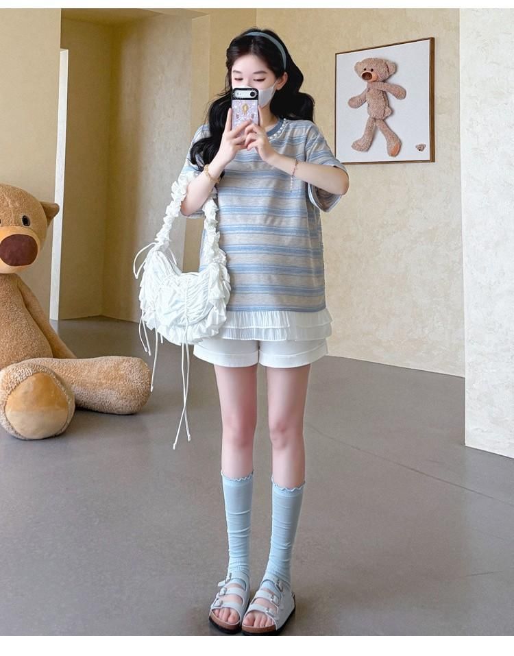 Maternity Striped Short-Sleeve Tee and Shorts Set
