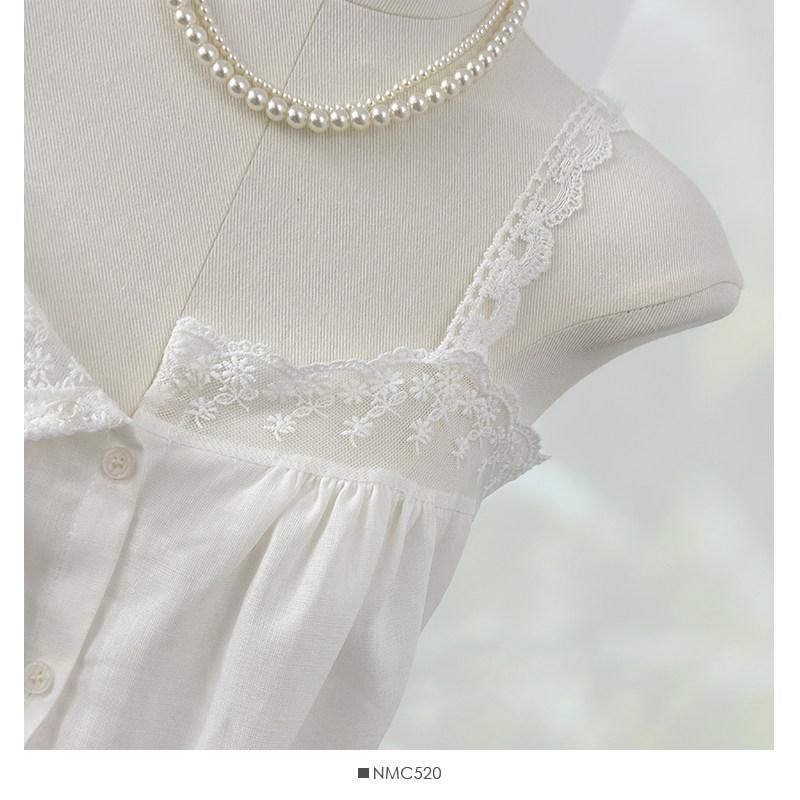 Sleeveless Lace Trim Button-Up Flowy Top