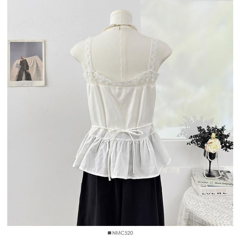 Sleeveless Lace Trim Button-Up Flowy Top