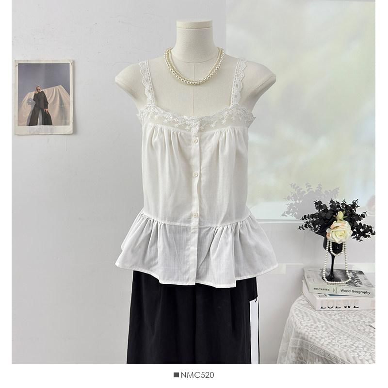 Sleeveless Lace Trim Button-Up Flowy Top