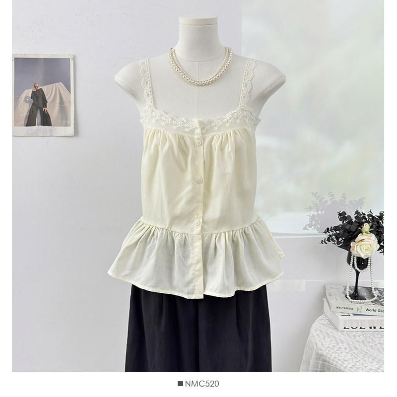Sleeveless Lace Trim Button-Up Flowy Top