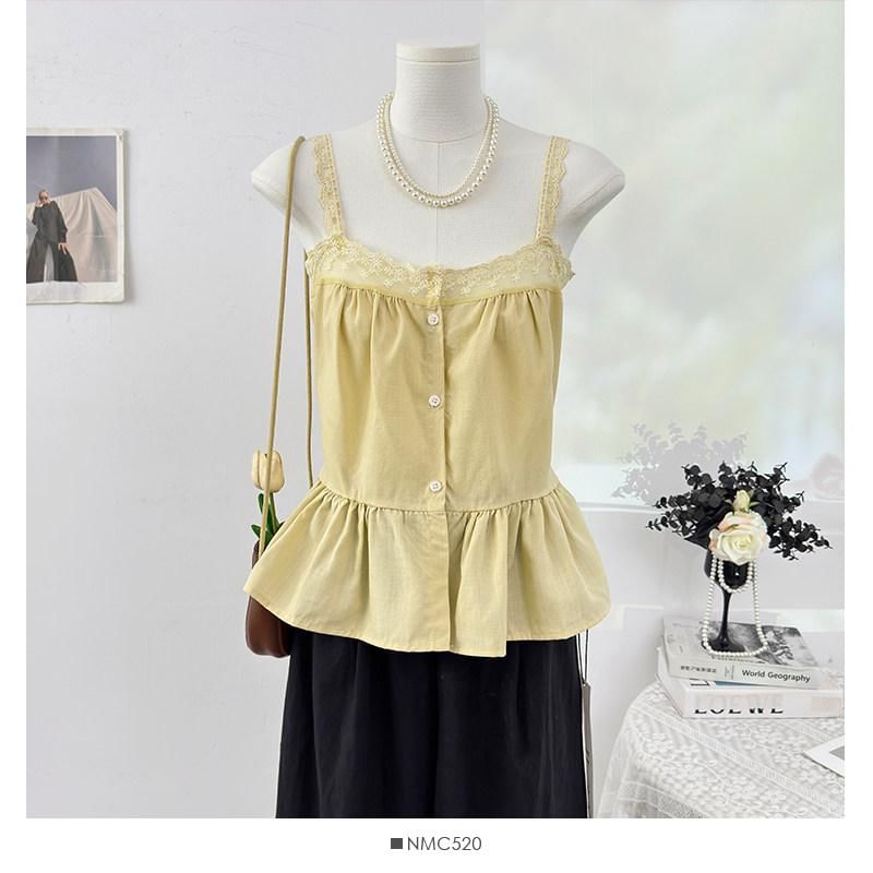 Sleeveless Lace Trim Button-Up Flowy Top