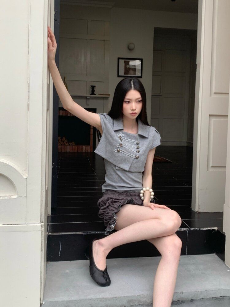 Square Neck Two Piece Polo Set with Bubble Shorts