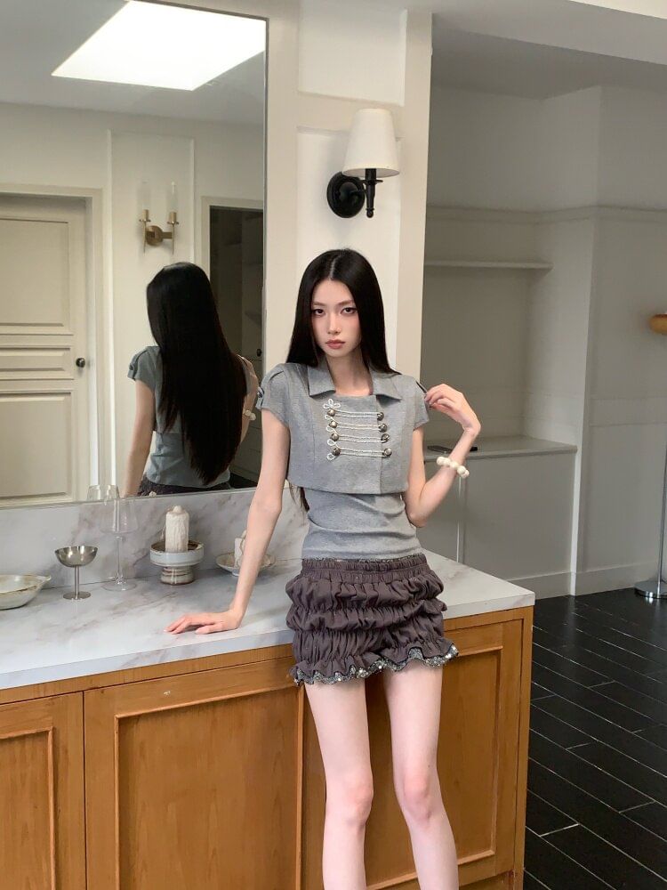 Square Neck Two Piece Polo Set with Bubble Shorts