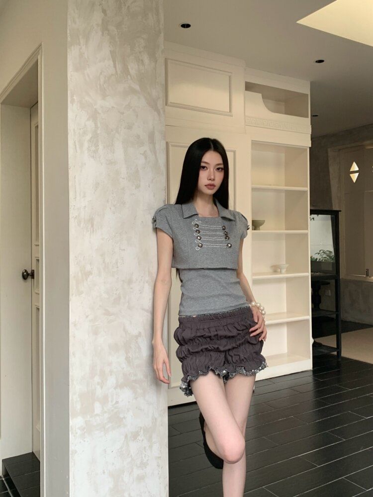 Square Neck Two Piece Polo Set with Bubble Shorts