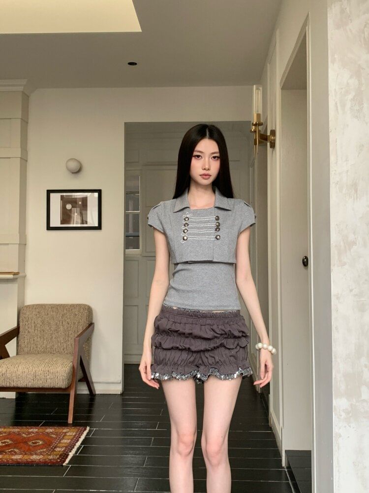 Square Neck Two Piece Polo Set with Bubble Shorts