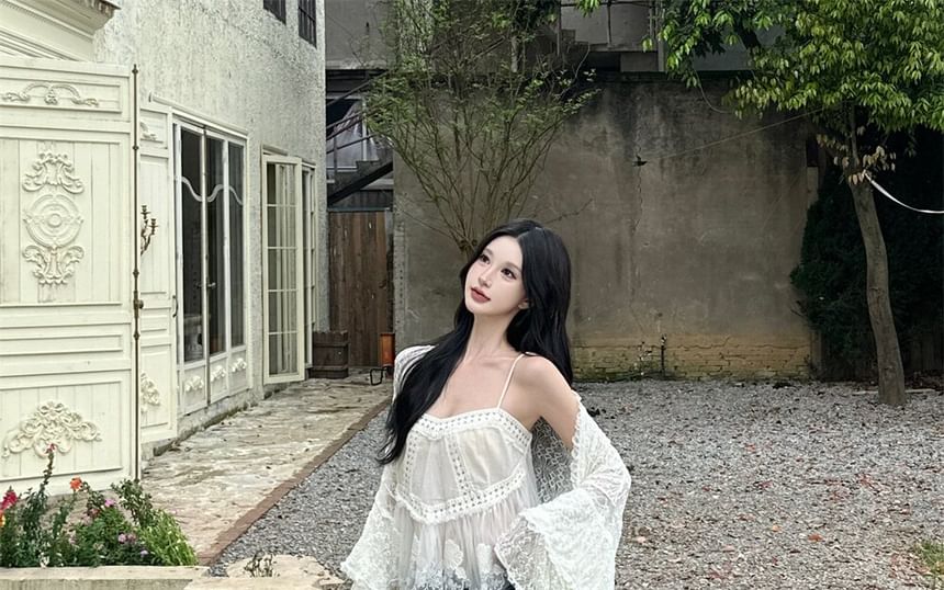 Spaghetti Strap V-Neck Lace Camisole with Light Jacket