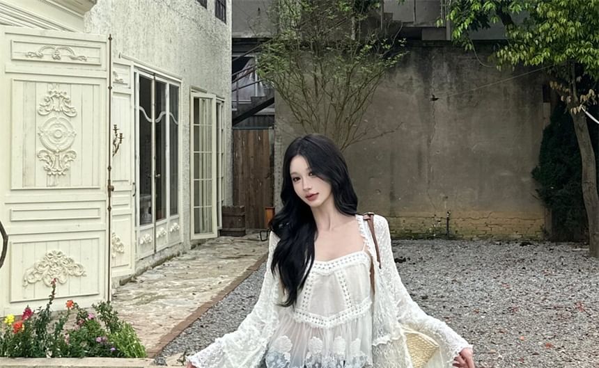 Spaghetti Strap V-Neck Lace Camisole with Light Jacket