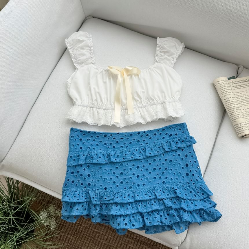 Sleeveless Square Neck Ruffle Crop Top and Mini Skirt Set
