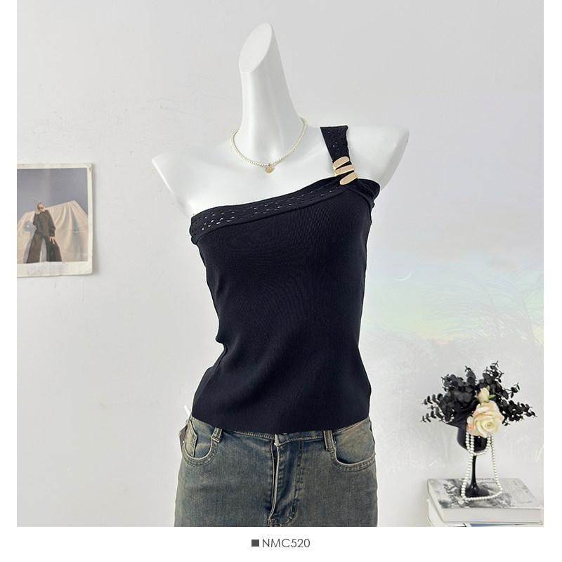 One-Shoulder Perforated Knit Crop Tank