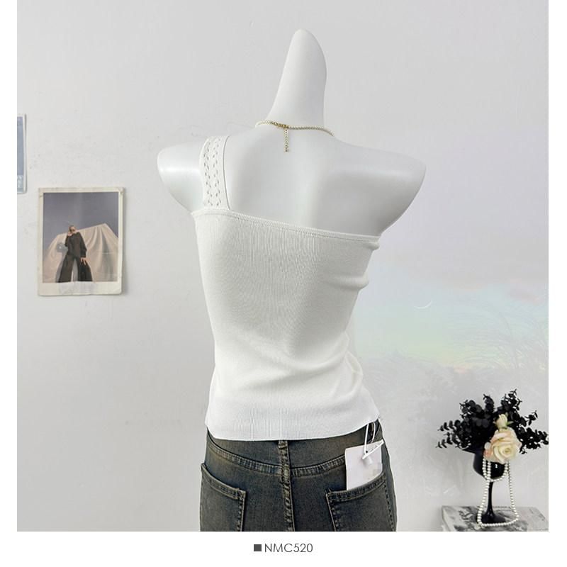 One-Shoulder Perforated Knit Crop Tank