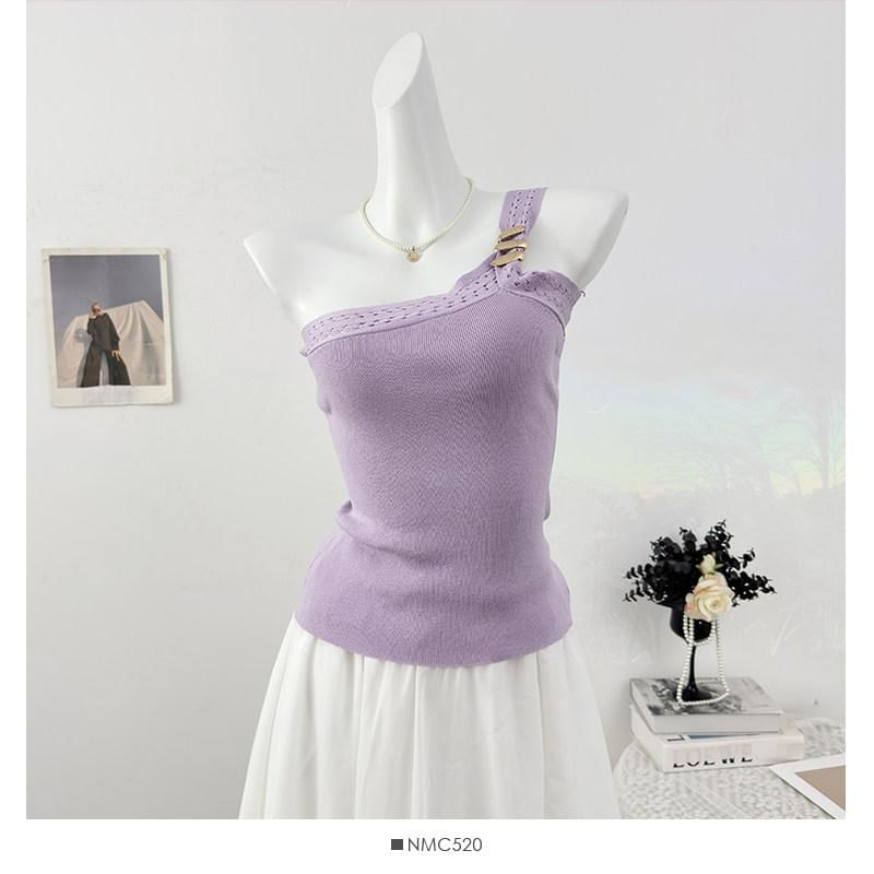 One-Shoulder Perforated Knit Crop Tank