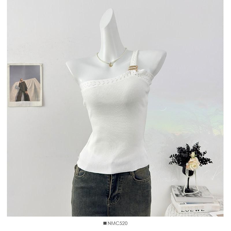 One-Shoulder Perforated Knit Crop Tank