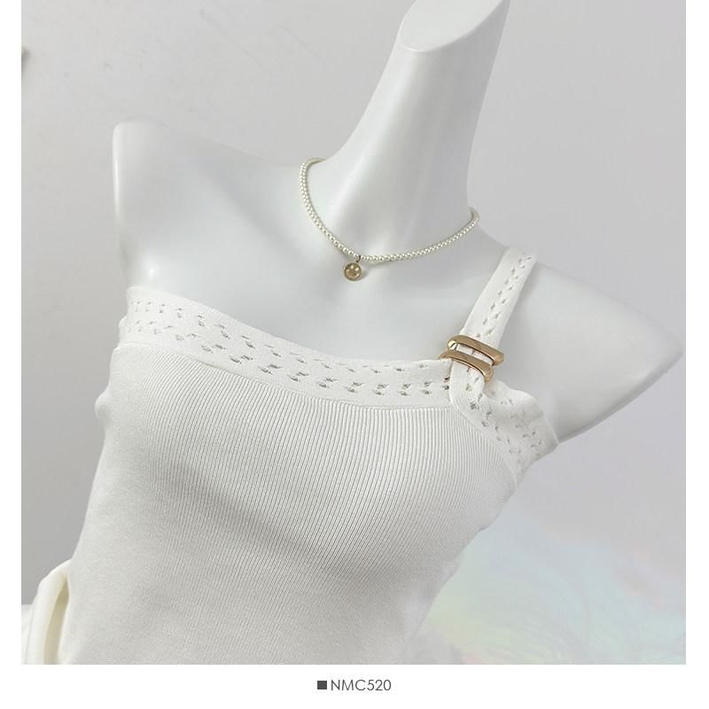 One-Shoulder Perforated Knit Crop Tank