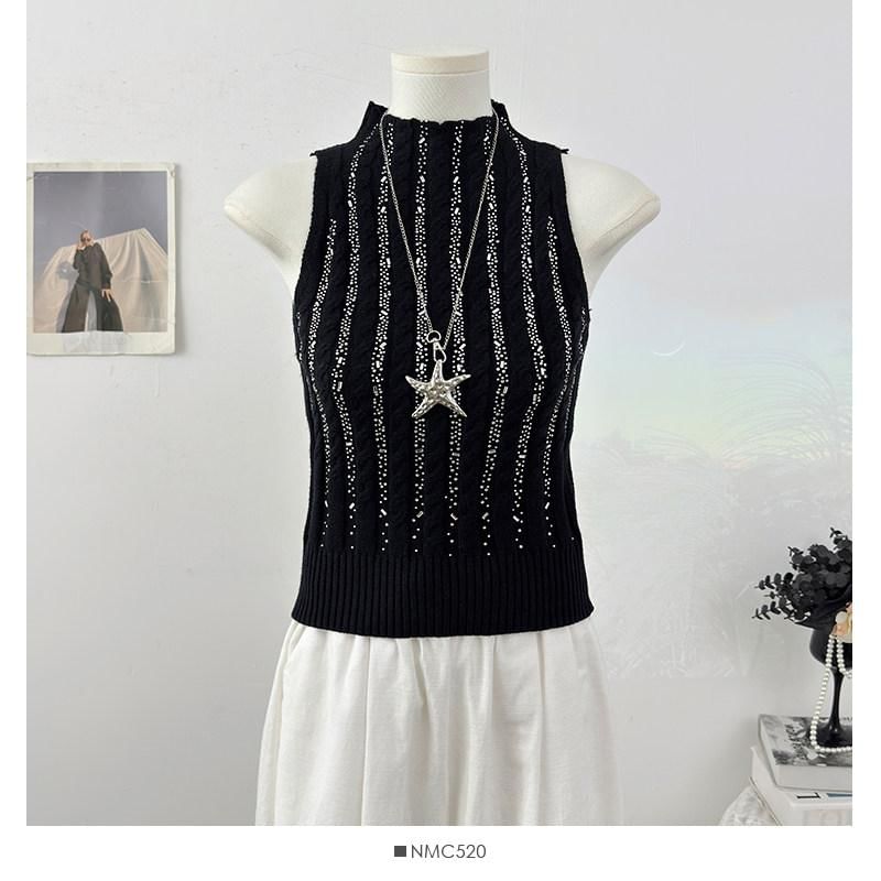 Mock Neck Rhinestone Cable Knit Crop Tank