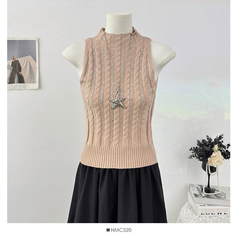 Mock Neck Rhinestone Cable Knit Crop Tank