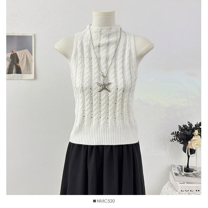 Mock Neck Rhinestone Cable Knit Crop Tank