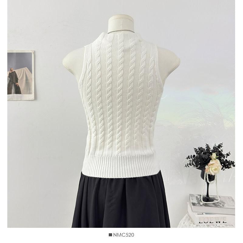 Mock Neck Rhinestone Cable Knit Crop Tank