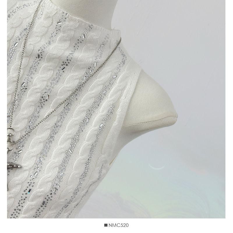 Mock Neck Rhinestone Cable Knit Crop Tank