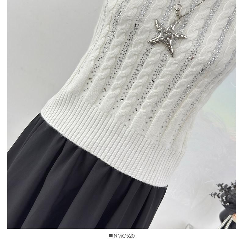 Mock Neck Rhinestone Cable Knit Crop Tank