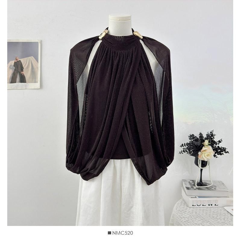 Halter Neck Metal Accent Ruched Mesh Top