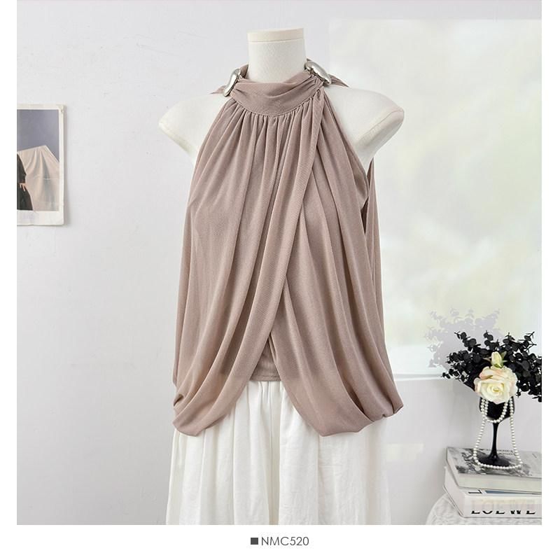 Halter Neck Metal Accent Ruched Mesh Top