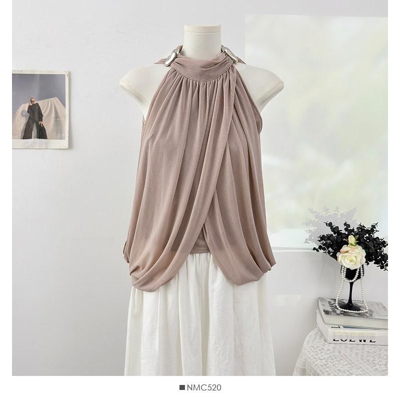 Halter Neck Metal Accent Ruched Mesh Top