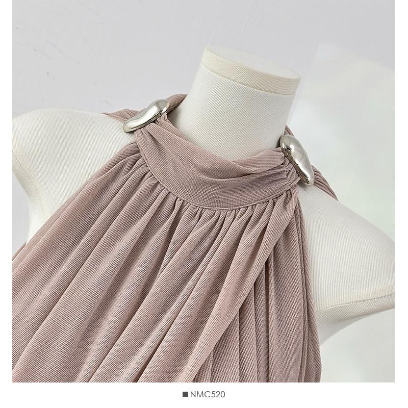 Halter Neck Metal Accent Ruched Mesh Top