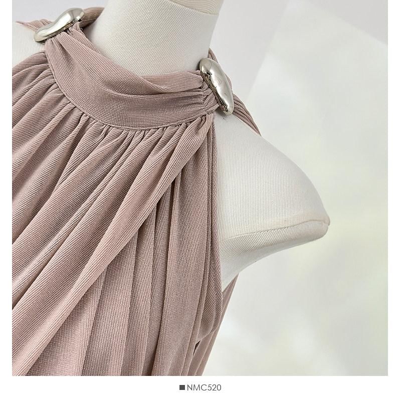 Halter Neck Metal Accent Ruched Mesh Top