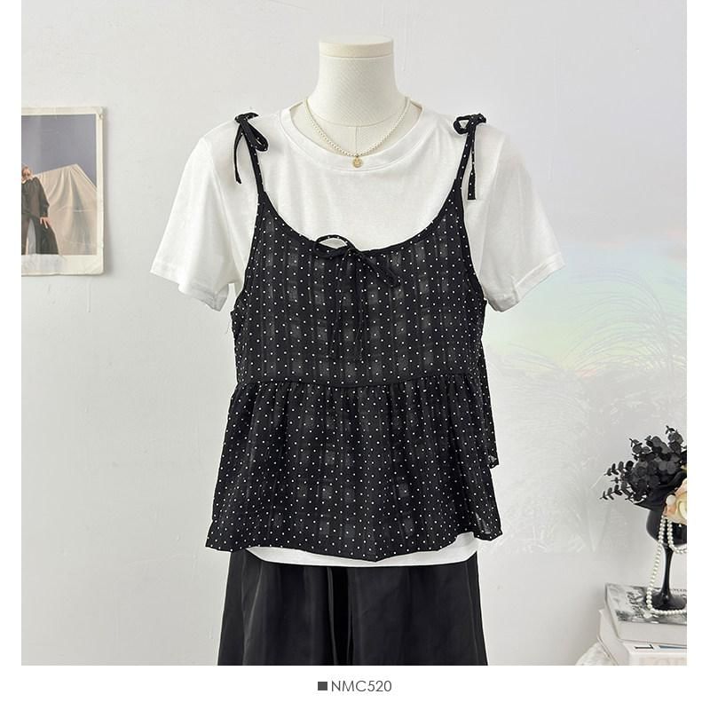 Crew Neck T-Shirt and Scoop Neck Micro Dot Camisole Set