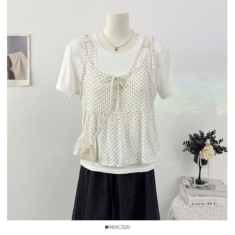 Crew Neck T-Shirt and Scoop Neck Micro Dot Camisole Set