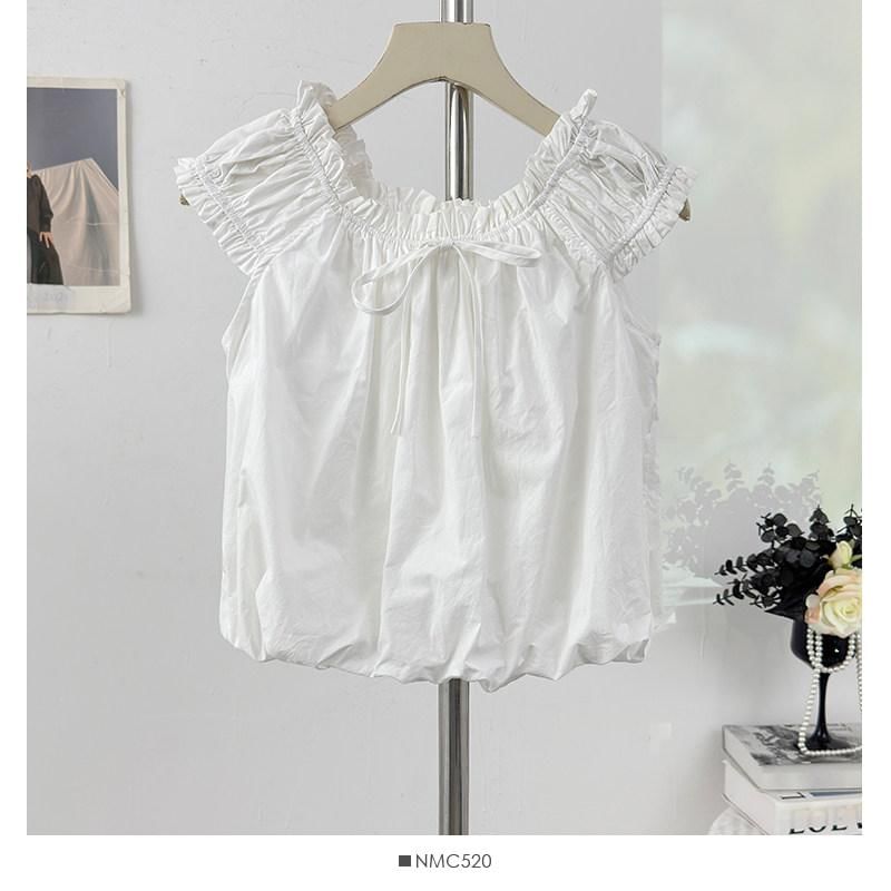 Off-Shoulder Frill Trim Bubble Hem Crop Blouse